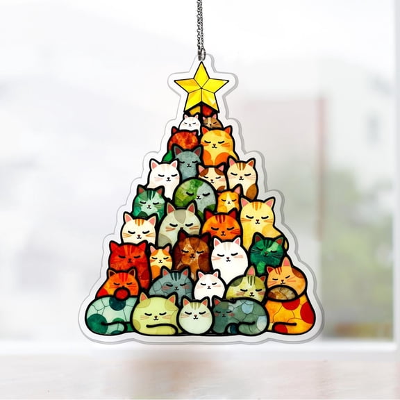 Cute Kitty Cat Tree Acrylic Suncatcher Holiday Ornament Window Hanging Christmas Feline Fan Gift