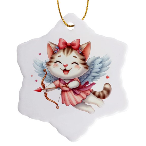 3drose, Cute Kitty Cupid Illustration, 3 inch Snowflake Porcelain Ornament