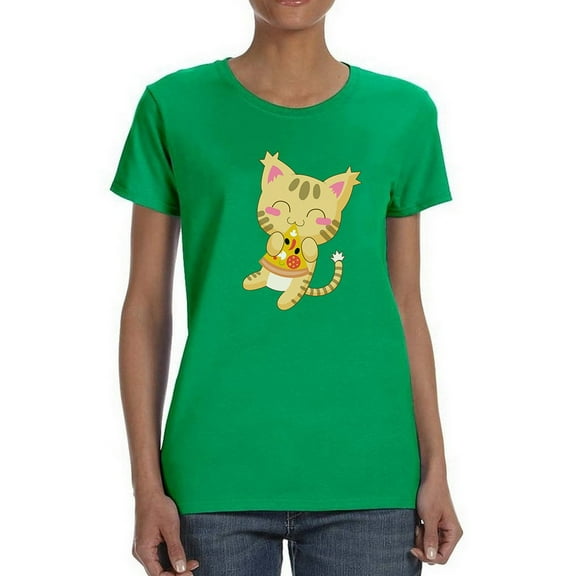 Cute Kitty Eating Pizza Graphic Women Kelly Green T-Shirt, Female Small