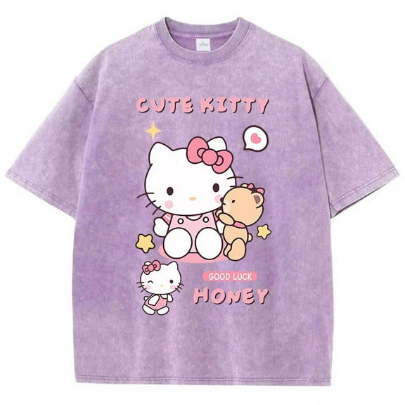 Cute Kitty Honey Sanrio Girl Tee Clothing Summer American Retro Cotton Medium Strecth Tees Sweet Loose Short Korean T-Shirts
