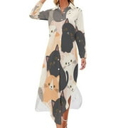 YHX66 Cute Kitty Pattern Chiffon Dress V Neck Beach Dresses Female Wear Casual Dress Birthday Gift