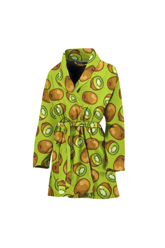 Cute Kiwi Pattern Women Bathrobe One Size Univeral Fits, Kiwi Fruits Fashion Lightweight Plush Fleece Long Robe For Women