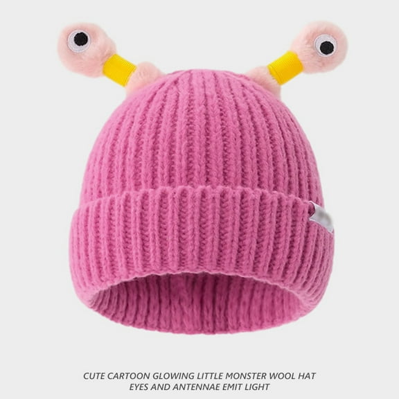 Cute Knitted Beanie Hat with Eyes Wear Resistant Solid Color LED Glowing Funny Cartoon Winter Warm Hat-Rose Red