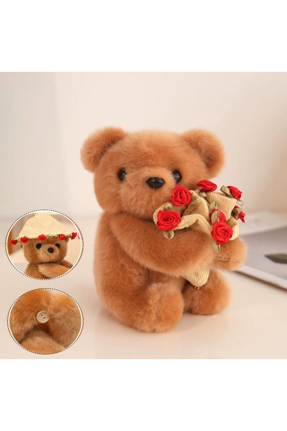 Cute Knitted Bear Plush Toy with Rose Flower, Keychain Pendant for Bag Backpack, Soft Stuffed Animal Doll Gift for Kids Girls Home Desk Decoration, 5.5 Inches