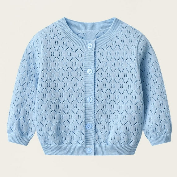Cute Knitted Cardigan Teen Girls Kawaii Embroidery Long Sleeve Sweater Crew Neck Knitwear Blue 7-8 Years