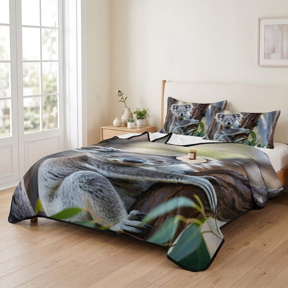 Cute Koala Animal Pattern 3 Pieces Quilt Set,1 Quilt with 2 Shams,Trees Leaves Jungle Bedspread Soft Lightweight Bedding Coverlet Comforter Set for All Season 90"x96"