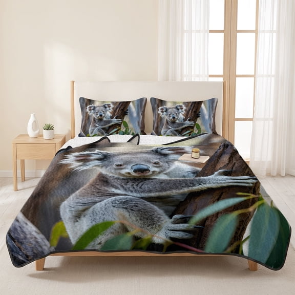 Cute Koala Animal Pattern 3 Pieces Quilt Set,1 Quilt with 2 Shams,Trees Leaves Jungle Bedspread Soft Lightweight Bedding Coverlet Comforter Set for All Season 96"x106"