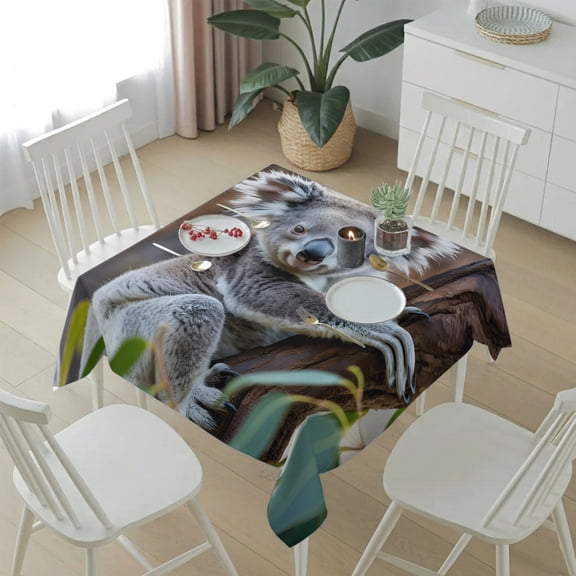 Cute Koala Animal Table Cloth 54x54in, Waterproof Square Tablecloth Wipeable Tablecloths Trees Leaves Jungle Table Covers for Dining Tables Party Indoor Outdoor