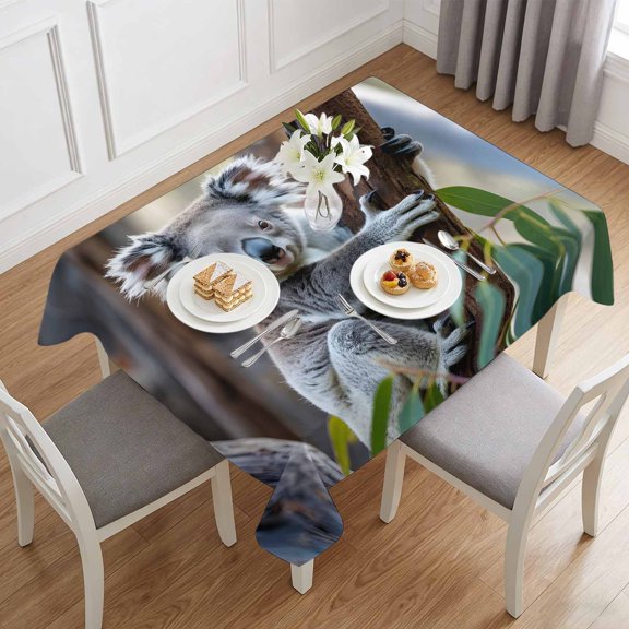 Cute Koala Animal Table Cloth 60x84in, Waterproof Rectangle Tablecloth Wipeable Tablecloths Trees Leaves Jungle Table Covers for Dining Tables Party Indoor Outdoor