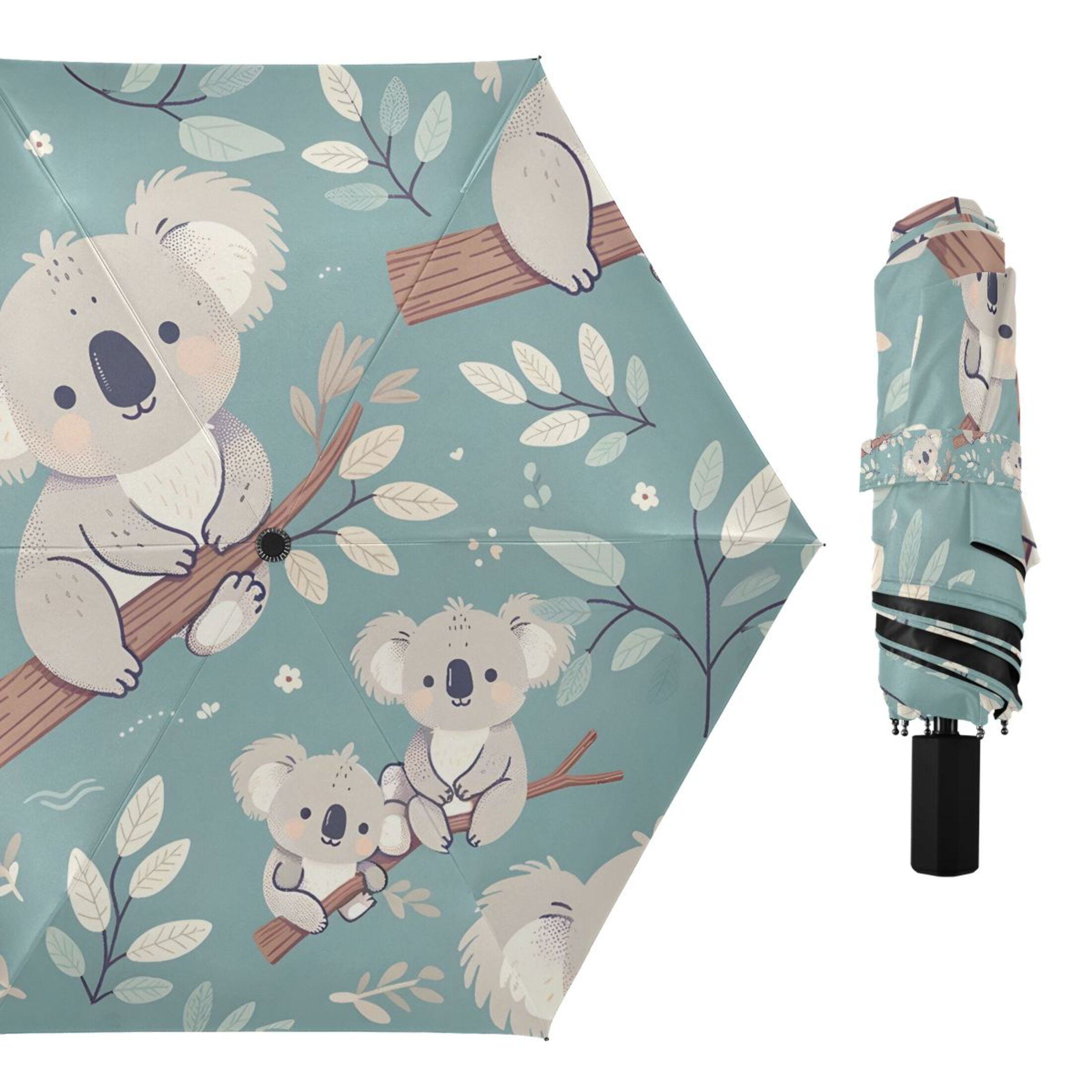 Cute Koala Bear on Branch Compact Sun Umbrella Windproof Travel Umbrellas for Rain Strong Portable UV Protection