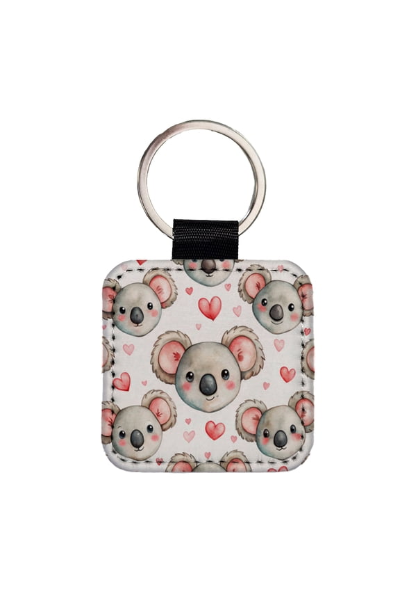 Cute Koala Bears Faces Hearts Faux Leather Square Keychain