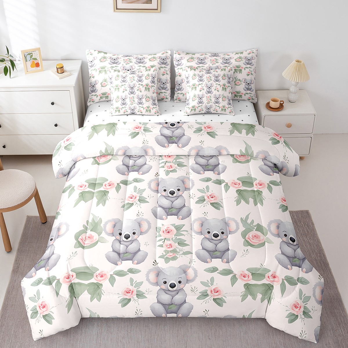 Cute Koala Bed in a Bag King Size Comforter Set 7 Pieces,Pink Rose ...