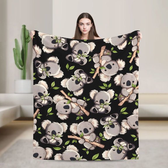 Cute Koala Blanket Chubby Eucalyptus Branch Cartoon Wildlife Gift for Koala Lovers 50x40 in