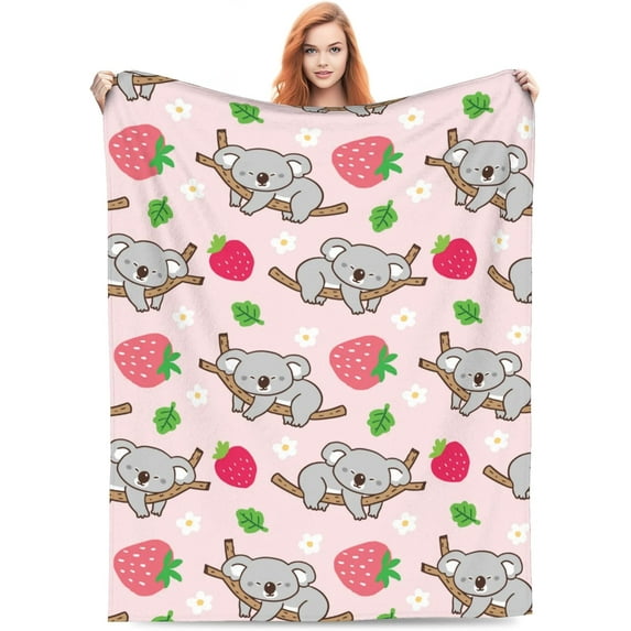 Cute Koala Blanket Pink Cartoon Koalas Bear Fruits Animal Strawberry Throw Blankets Kawaii Gifts for Girls Adults Lightweight Soft Fleece Cozy for Sofa Couch Bed Room Decor 60x80in