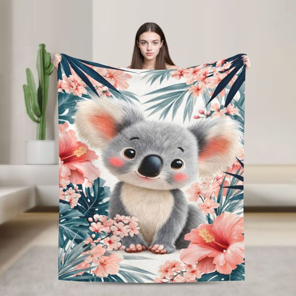Cute Koala Blanket Tropical Hibiscus Flower Soft Cozy Decor Gift for Koala Lovers 50x40 in