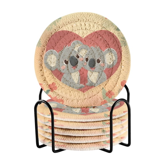 Cute Koala Couple Jungle Valentine Drinking Coasters Cup Mat with Holder for Kitchen Cafe Bar 6 Packs