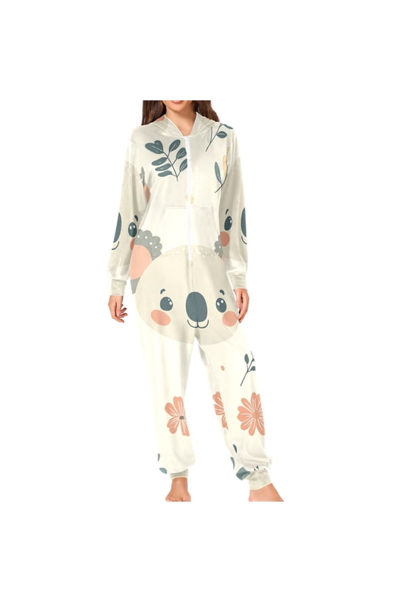Cute Koala Faces Leaves Florals Adult's Hoodie Onesie Jumpsuit One-Piece Pajamas with Zipper Unisex for Holiday M