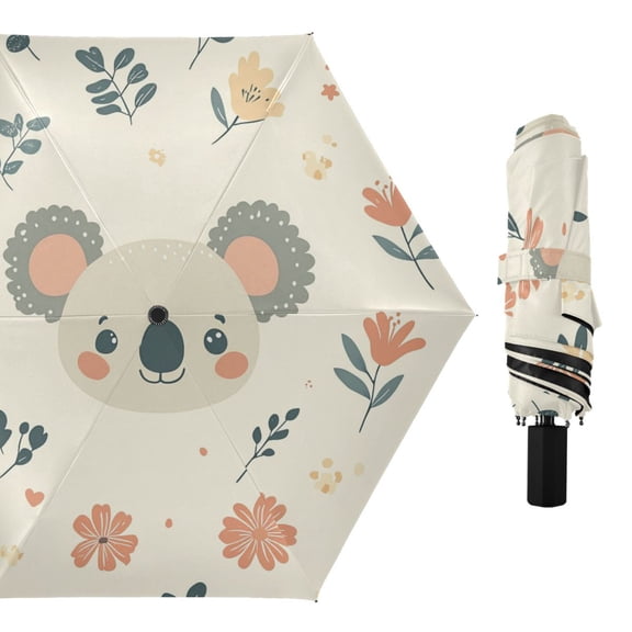 Cute Koala Faces Leaves Florals All Weather Umbrella Triple Folding Parasol 6 Ribs UV Protection Portable