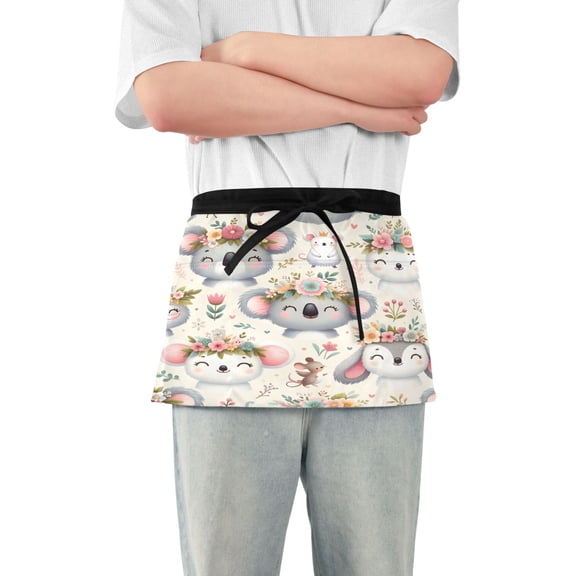 Cute Koala Llama Mouse Server Apron with 3 Pockets Waterproof Waitress Waist Short Apron for Man Woman 12 Inches