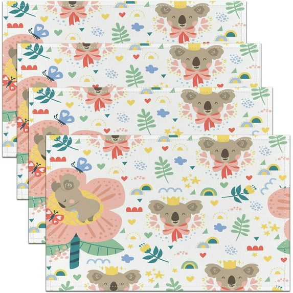 Cute Koala Placemats Set of 4 Kids Koala Placemat for Kitchen Dining Table 18"x12" for Boys Girls Teens Floral Cartoon Animal Table Place Mats Easy to Clean Indoor Outdoor Decor Table Mats