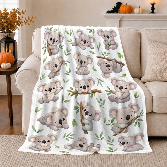 Playful Koalas Climbing Branches Among Scattered Green Leaves, Playful Watercolor for Koala Lovers, Just Because Gift, Cozy Flannel Blanket with Home Decor for Bedroom and Living Room