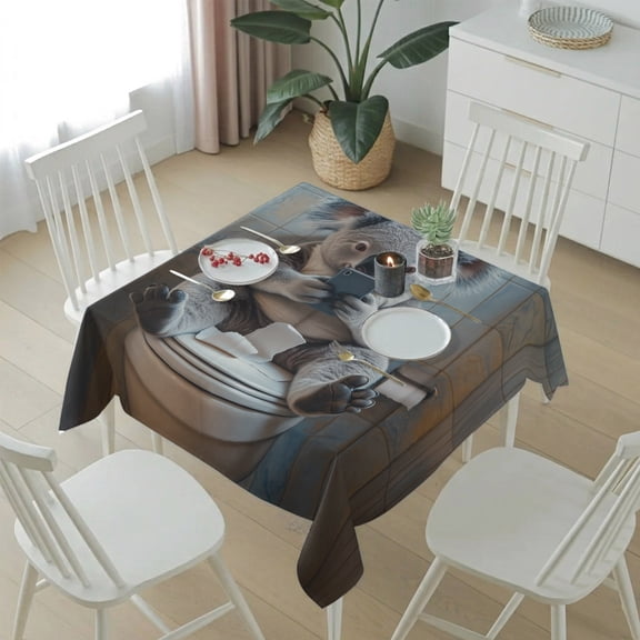 Cute Koala Sitting on The Toilet Table Cloth 54x54in, Waterproof Square Tablecloth Wipeable Tablecloths Funny Animal Looking Phones Table Covers for Dining Tables Party Indoor Outdoor
