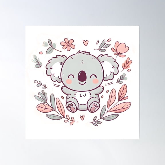 Cute Koala With Floral Accents Poster Wall Art, Modern Wall Decor For Living Room Bedroom, 17x17 UNFRAMED