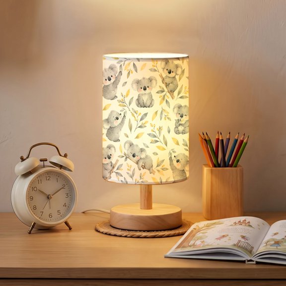Cute Koala Yellow Leaves Bedside Table Lamp for Bedroom 16 Color Dimmable Small Desk Lamp cartoon Gray Koalas nursery Nightstand Lamp with Remote Wooden Base Linen Shade for Gift