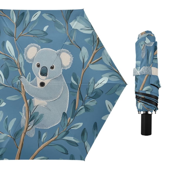 Cute Koala and Eucalyptus Leaves All Weather Umbrella Triple Folding Parasol 6 Ribs UV Protection Portable