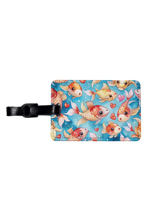 Cute Koi Fishes Hearts Watercolor Faux Leather Travel Luggage Tag