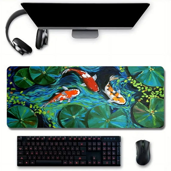 Cute Koi Lotus Leaf Painting Desk Mat Desk Pad Large Gaming Mouse Pad E-Sports Office Keyboard Pad Computer Mouse Non-Slip Computer Mat Gift For Teen/Boyfriend/Girlfriend