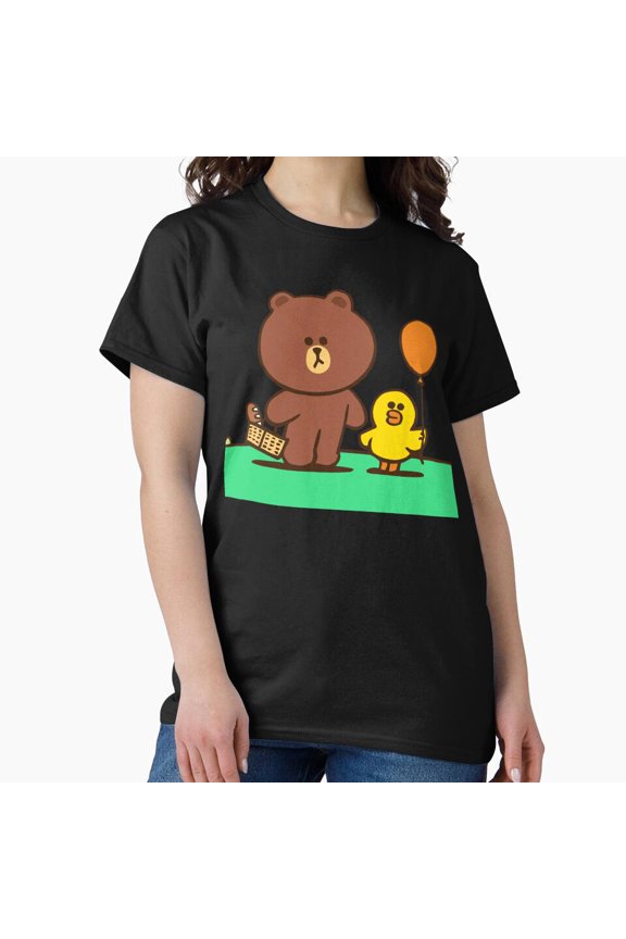 Cute Korean Messenger App Animal Characters Graphic Grid Pattern Tee T-Shirt