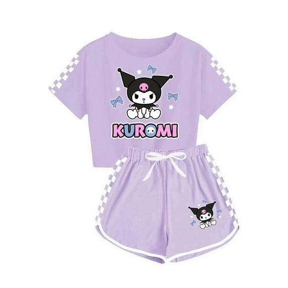 Cute Kuromi Short-sleeved Shorts 2-Piece Sets Women Summer Plaid Print Tracksuit,150