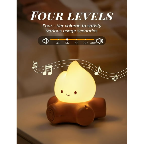 Cute LED Campfire Night Light, Rechargeable Dimmable Bedside Lamp with Warm Yellow Glow and Sound Control, Halloween and Christmas Decorative Gift for Kids