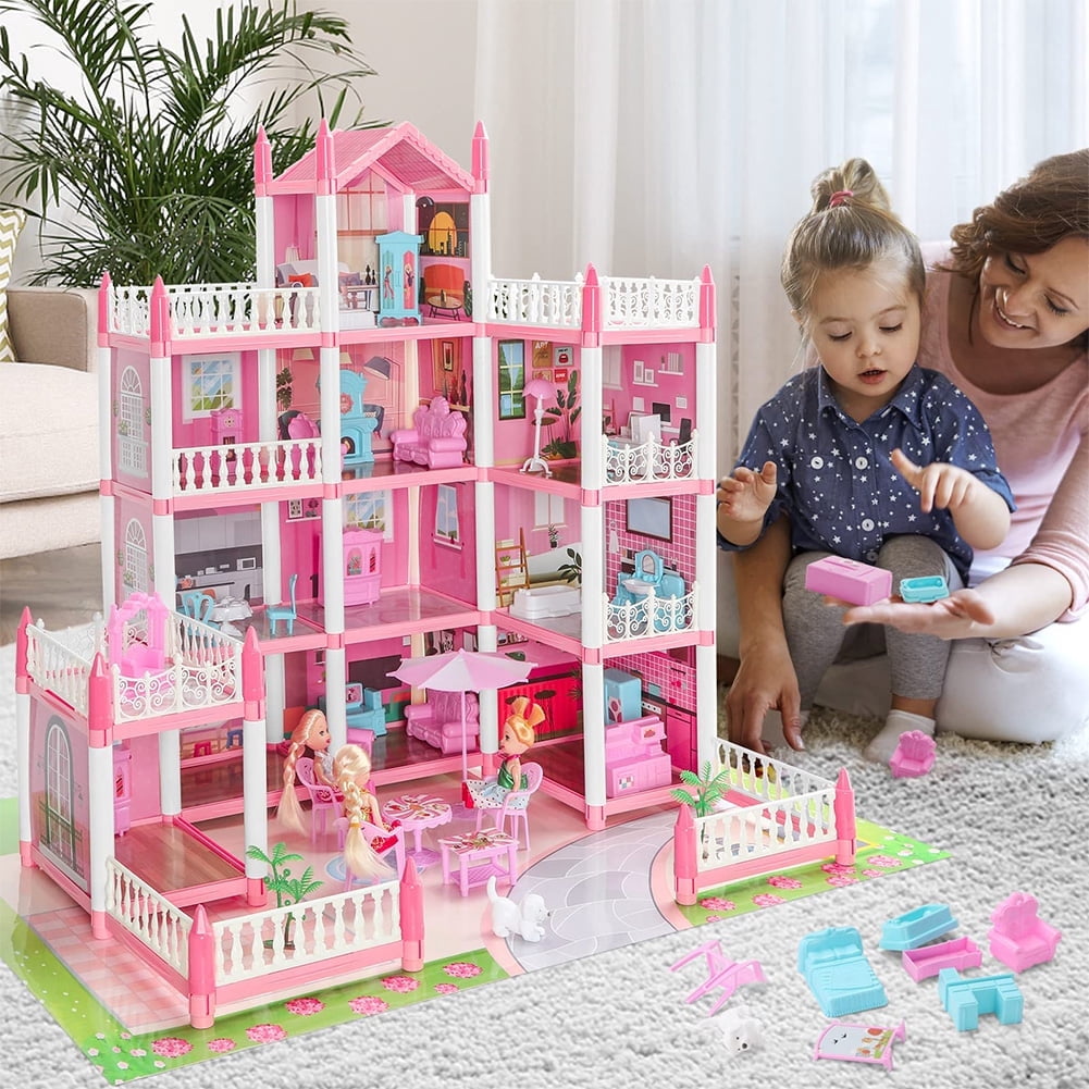 Cute LED Light Doll House for Girls,4-Story 11 Rooms Dollhouse with 4 ...