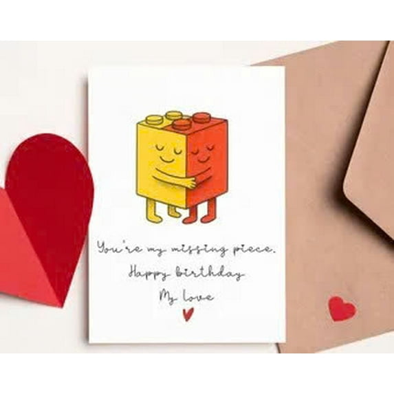 Cute LEGO Birthday Card – "You’re My Missing Piece" Design – Blank Inside with Envelope – Perfect for Kids' Birthdays and LEGO Fans