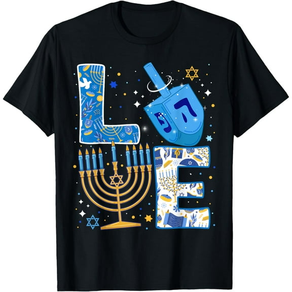 Cute LOVE Hanukkah Decorations Dreidel Menorah Chanukah T-ShirtMen and women, Black T-shirt, size: Extra large