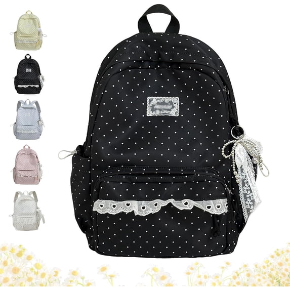 Cute Lace Backpack, Coquette Aesthetic Polka Dot Backpack | Kawaii Backpack for Women, Large Laptop Daypack Kawaii Supplie with Bow Accessories(Black)