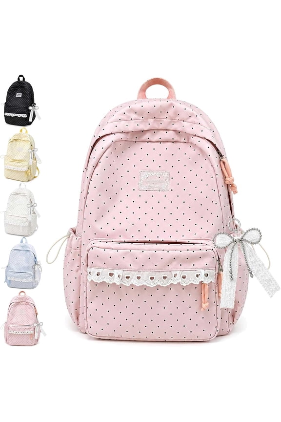 Cute Lace Backpack Coquette Aesthetic Polka Dot Backpack,Pink | Cute Polka Dot Backpack Design with Lace Trim, Bow Charm, Lightweight Multi-Pocket Laptop Backpack