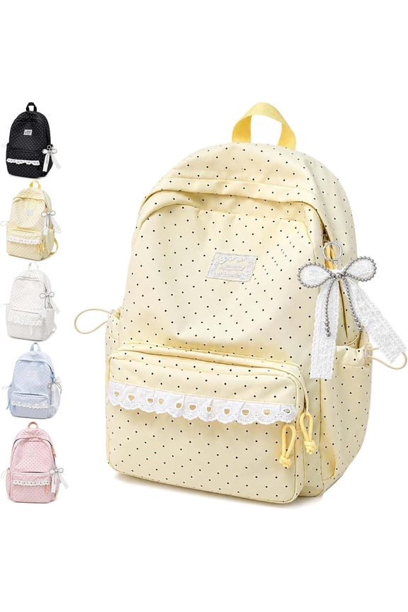 Cute Lace Backpack Coquette Aesthetic Polka Dot Backpack,Yellow | Cute Polka Dot Backpack Design with Lace Trim, Bow Charm, Lightweight Multi-Pocket Laptop Backpack
