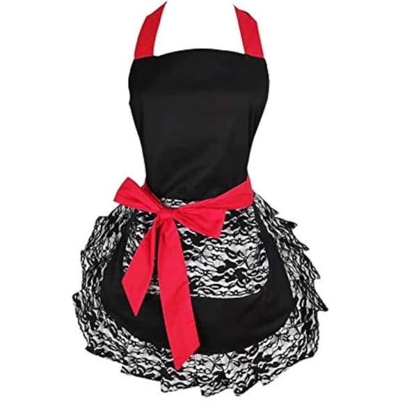 Cute Lace Flirty Apron with Pocket, Fun Retro Sexy Cooking Pinup Aprons for Women Girls (Black)