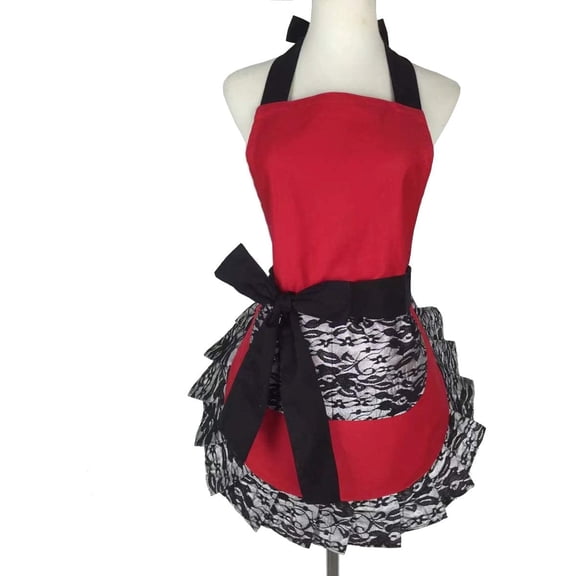 Cute Lace Flirty Apron with Pocket, Fun Retro Sexy Cooking Pinup Aprons for Women Girls (Red)
