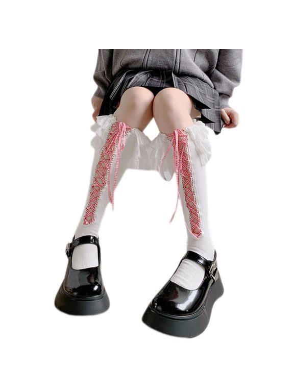 Cute Lace Trim Socks for Girls Women Stylish JK Calf Socks Cute Tie Up Cotton Socks Knee High Socks Boot Stocking