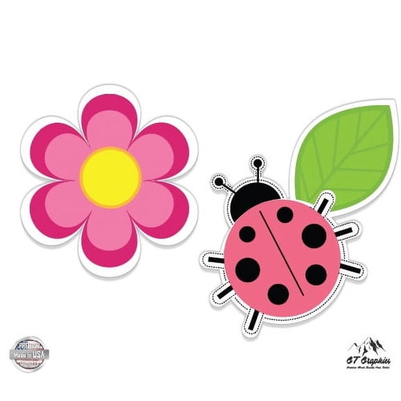 Cute Lady Bug and Flower - 2" Each Vinyl Sticker - For Car Laptop I-Pad Phone Helmet Hard Hat - Waterproof Decal