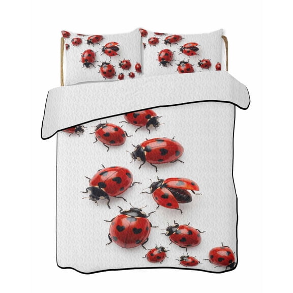 Cute Ladybug 3 Piece Quilt Bedding Set with 2 Pillow Shams, Realistic Love Heart Ladybug Rustic Farmhouse Lightweight Bedspread Coverlet, Soft Breathable All Season Quilt, 68 x 86 Inch