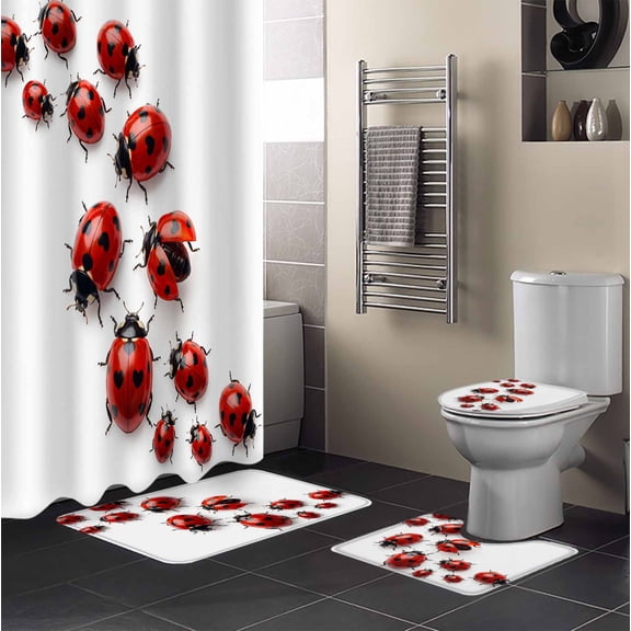 Cute Ladybug 4PCS Shower Curtains Set with Toilet Lid Cover Non-Slip Rugs, Realistic Love Heart Ladybug Rustic Farmhouse Waterproof Shower Curtain Set for Bathroom with 9 Hooks 36x72 In