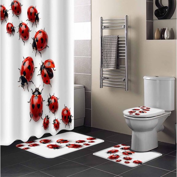Cute Ladybug 4PCS Shower Curtains Set with Toilet Lid Cover Non-Slip Rugs, Realistic Love Heart Ladybug Rustic Farmhouse Waterproof Shower Curtain Set for Bathroom with 12 Hooks 66x72 In