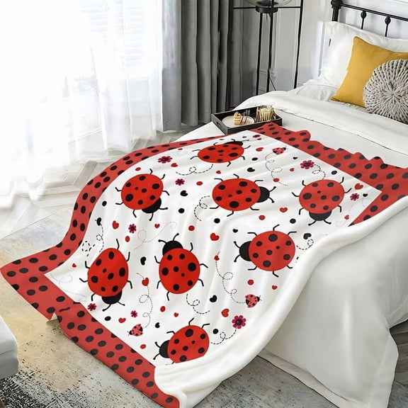Cute Ladybug Blanket Red Black Dots, Velvet Sofa Throw for Living Room Bedroom, Country Style Wildlife Decor for Women Girls Boys