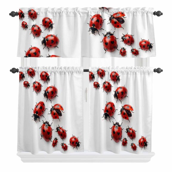 Cute Ladybug Curtain Valances Set Realistic Love Heart Ladybug Rustic Farmhouse Kitchen Curtains 36 inch Length Rod Pocket Valance and Tiers 3 Piece Set Small Bedroom Bathroom Laundry Decor