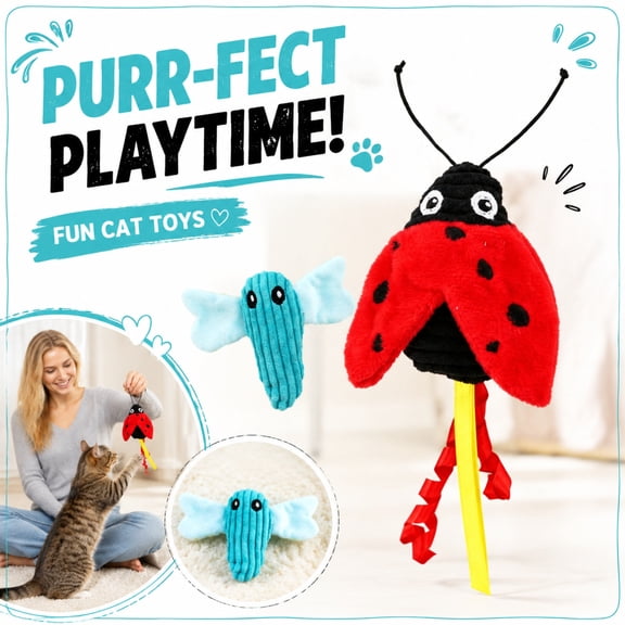 Cute Ladybug Dragonfly Catnip Toy, Cartoon Animal Plush Cat Toy, Interactive Teasing Kitten Toy with Ribbon Tails, Durable Soft Chew Toy for Teeth Cleaning, Boredom Relief for Indoor Cats
